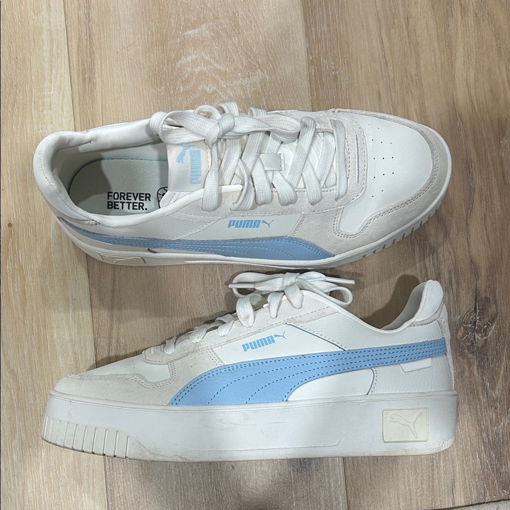 Puma White and Light Blue Platform Sneakers